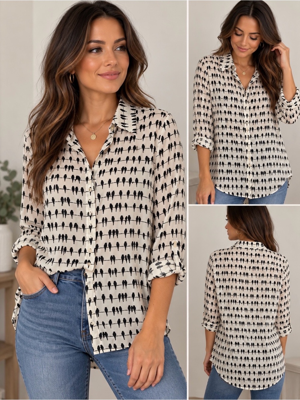 June and Delancey Bird Print Button Down Shirt Size M